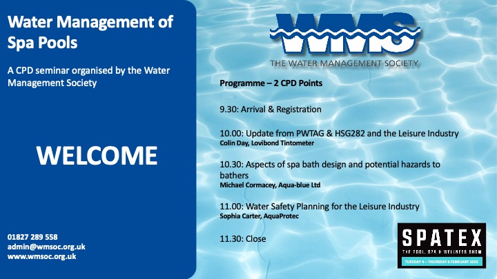 WMSoc1's tweet image. WMSoc will be holding a morning Water Management in Spa Pools session at the SPATEX, Coventry event on the 5th Feb 2025.  With open access after the session to the SPATEX exhibition and other seminars, this free session is not to be missed. Book now! wmsoc.org.uk/events/1194