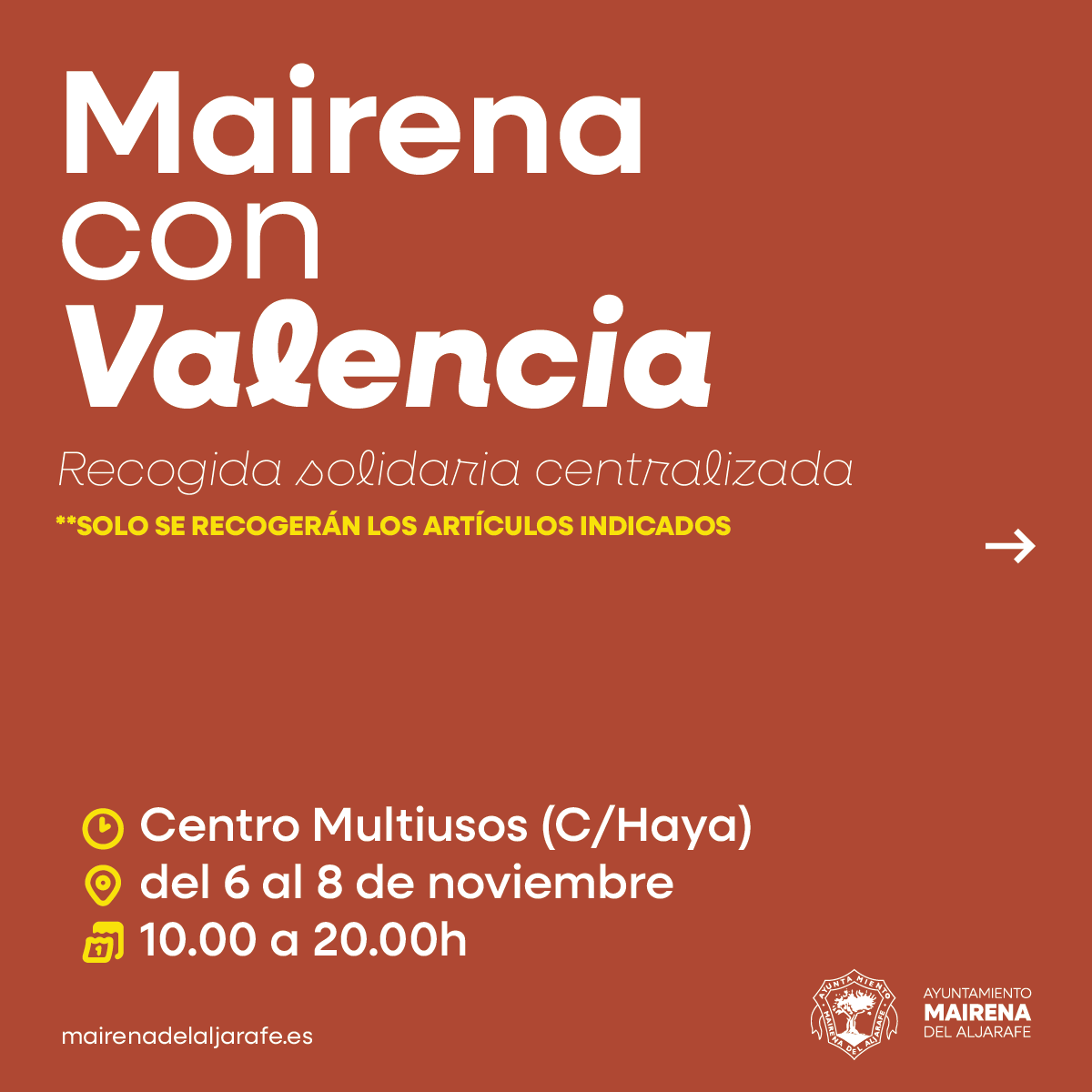MairenaAljarafe's tweet photo. Habilitamos el Centro Multiusos, conocido como Centro Hípico, como punto de recogida de donaciones a beneficio de los damnificados por la DANA en Valencia ❤️‍🩹

➡️ Colabora entregando los artículos indicados.
🛻 Los primeros camiones saldrán la medianoche del viernes.

#Mairenismo https://t.co/TBDsmpFKX0