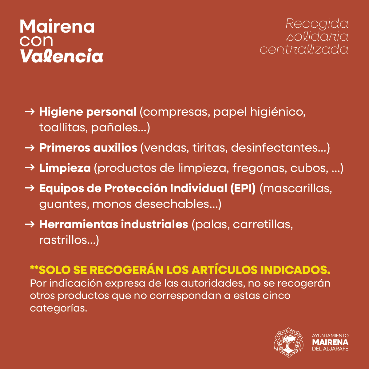 MairenaAljarafe's tweet photo. Habilitamos el Centro Multiusos, conocido como Centro Hípico, como punto de recogida de donaciones a beneficio de los damnificados por la DANA en Valencia ❤️‍🩹

➡️ Colabora entregando los artículos indicados.
🛻 Los primeros camiones saldrán la medianoche del viernes.

#Mairenismo https://t.co/TBDsmpFKX0