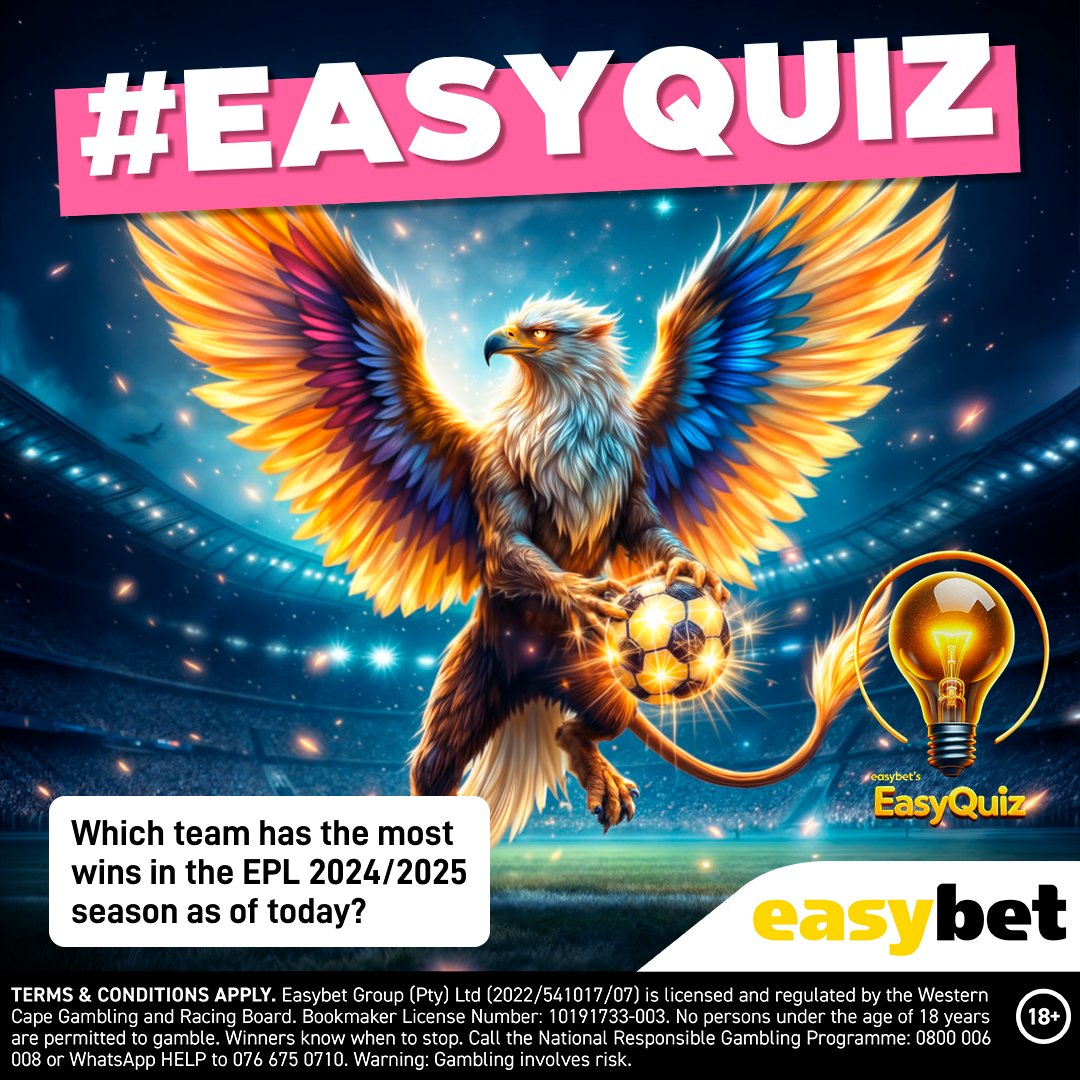 Easybet South Africa (@easybet_sa) on Twitter photo ๐งโโ๏ธ Ready to unleash your inner soccer wizard? ๐งโโ๏ธโจ
Which team has the most wins in the EPL 2024/2025 season as of today? Drop your answer if you've got the magic touch! โฝ๐งโโ๏ธ
Summon your luck and place your bets now ๐ easybet.co.za/sports/football
#EasyQuiz #SoccerMystics #WinBig ๐งโโ๏ธ Ready to unleash your inner soccer wizard? ๐งโโ๏ธโจ
Which team has the most wins in the EPL 2024/2025 season as of today? Drop your answer if you've got the magic touch! โฝ๐งโโ๏ธ
Summon your luck and place your bets now ๐ easybet.co.za/sports/football
#EasyQuiz #SoccerMystics #WinBig