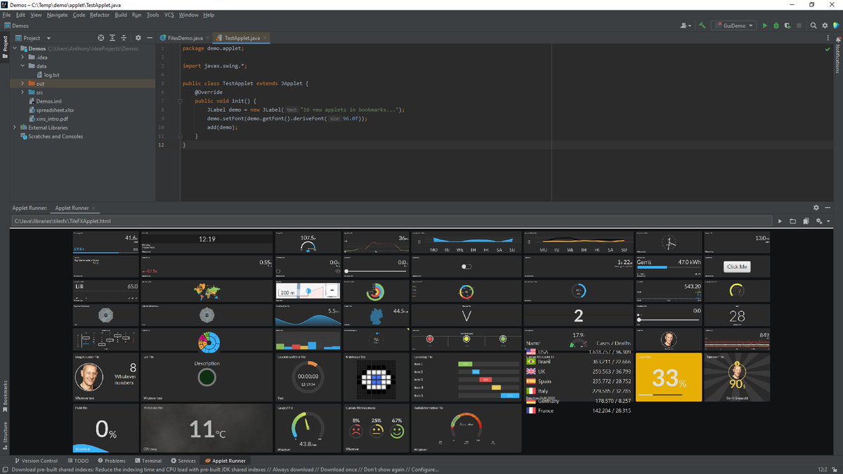 New in IDE plugin 'Applet Runner': JavaFXApplet and SceneApplet classes to run a JavaFX application (or scene) embedded in your IDE
See the demo of TilesFX from <a href="/hansolo_/">Gerrit Grunwald 🇺🇦🇹🇼✌🏻</a> running in IntelliJ IDEA

#javafx #openjfx #java #applet #intellij #NetBeans #EclipseIDE
PS:CU maybe @ JFall