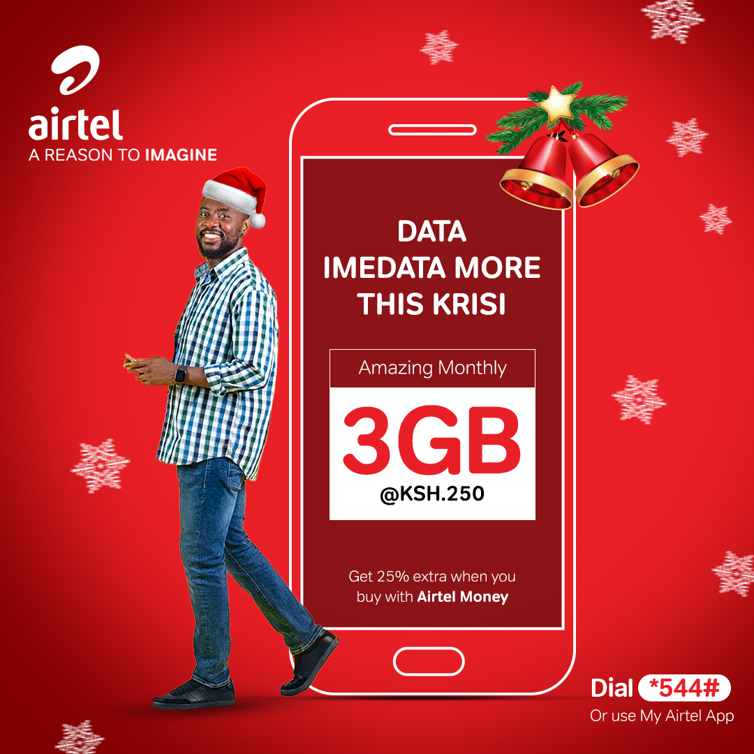 AIRTEL_KE's tweet photo. Krisi starts early! Get more for less with Airtel’s Amazing Monthly 3GB Data for only 250 Bob.
Dial *544# or Use My Airtel App https://t.co/i2AH1iWbFk to subscribe.
#AmazingDataBundle
T&Cs apply https://t.co/ibd7mdqFEy