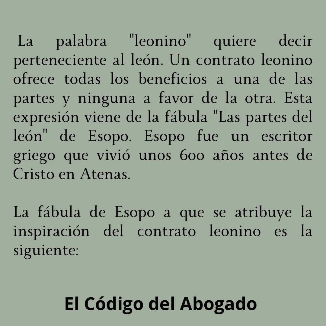 CodigodeAbogado's tweet photo. Contratos leoninos
Conoce el origen de este término https://t.co/dGLyskn0NG