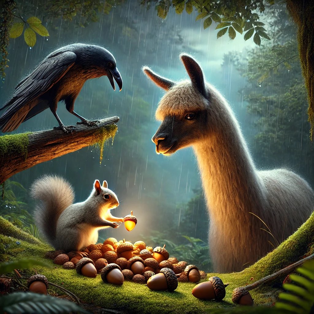 🐿️🌰 Day 9: Decided to help the squirrel gather nuts before the rain started. With Corvus spotting the higher branches and me picking up the scattered acorns below, we quickly built a stash.

“Thanks a bunch!” the squirrel squeaked. “Here’s that magic acorn I promised—it might