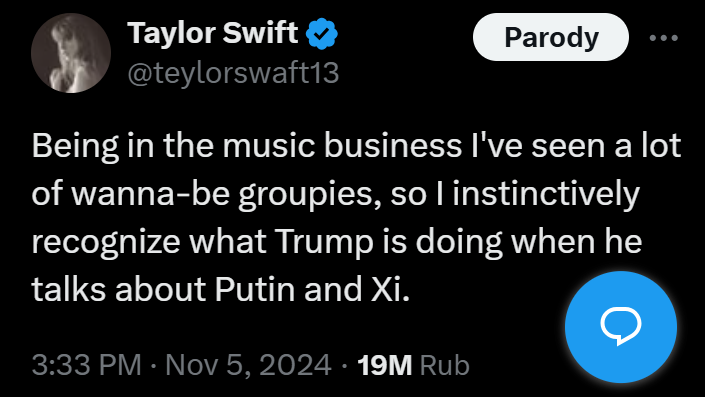 FaithRubPol's tweet image. Taylor Swift calls Trump a wanna-be groupie for dictators 😂