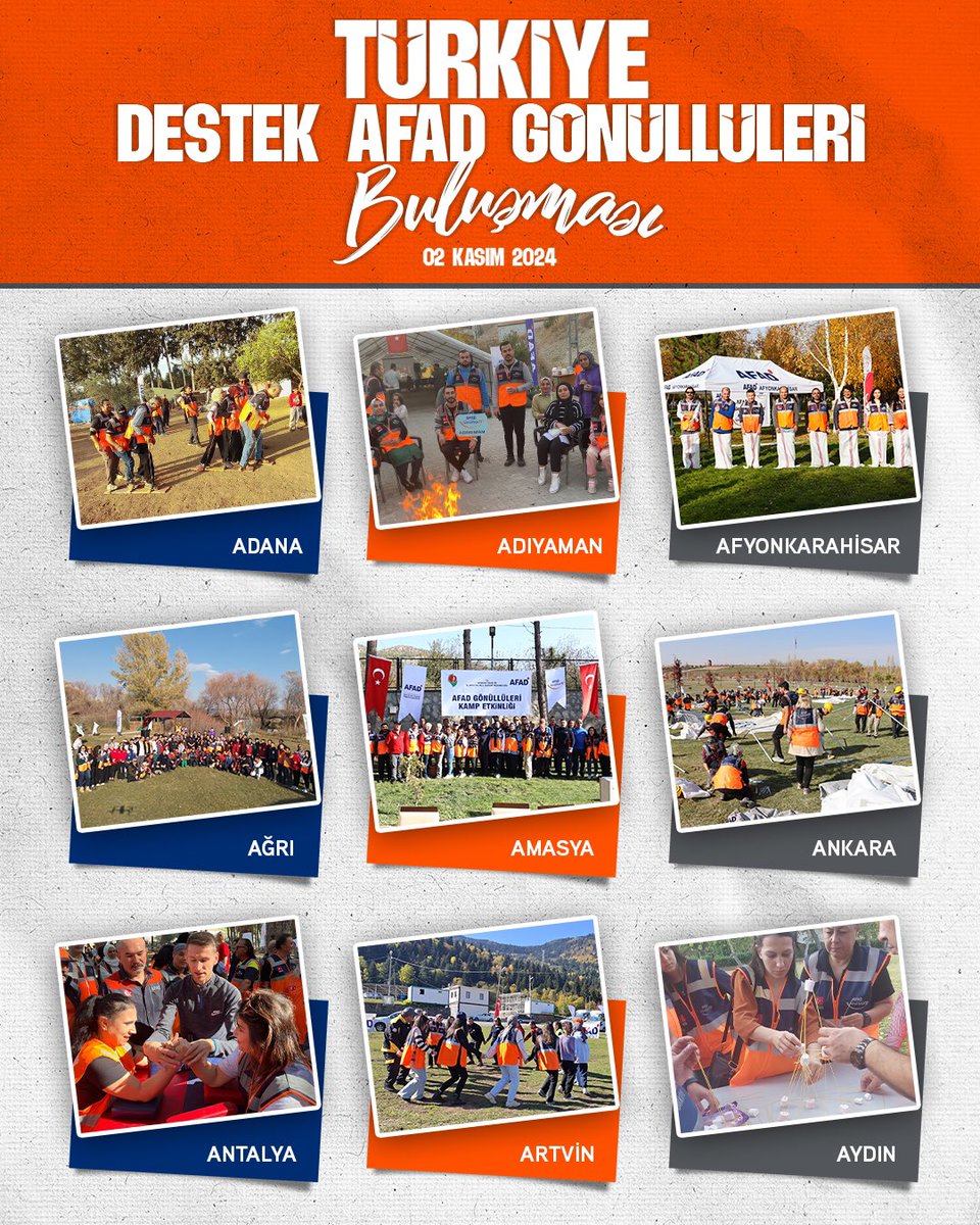 AFADBaskanlik's tweet photo. 🧡 Destek AFAD Gönüllüleri bir arada...

2 Kasım 2024 Cumartesi günü,

📌 Gönüllülerimiz arasındaki iletişimi artırmak
📌 Birlikte çalışma kültürünü geliştirmek
📌 Koordinasyon kabiliyetini güçlendirmek

amacıyla, 8️⃣1️⃣ ilimizdeki Destek AFAD Gönüllülerimizin katıldığı dev bir organizasyon gerçekleştirdik.

Spor müsabakalarından afet tatbikatlarına, çadır kurma yarışmalarından doğa yürüyüşlerine kadar çok sayıda etkinliğin yer aldığı "Destek AFAD Gönüllüleri Buluşuyor" programına katılan tüm gönüllülerimize en içten teşekkürlerimizle...

Biz, büyük ve güçlü bir aileyiz! 🇹🇷
@AFAD_gonullu