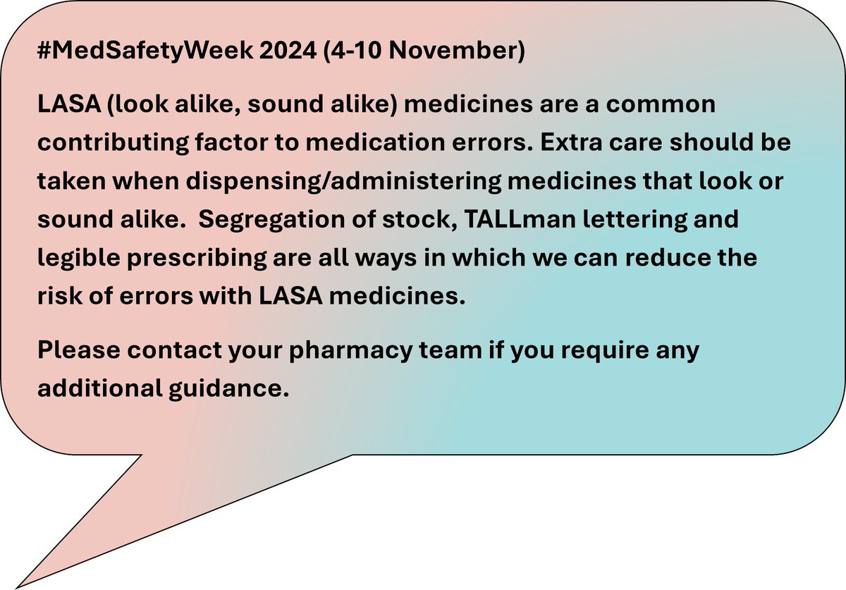 The Patient Experience Team (@tgicftptexp) on Twitter photo #MedSafetyWeek
LASA (look alike, sound alike) medicines are a common contributing factor to medication errors. Extra care should be taken when dispensing/administering medicines that look or sound alike.
<a href="/SusieR1/">Sue💙</a> <a href="/NicolaFirth6/">Nicola Firth</a> <a href="/VickT75/">Victoria Thorne</a> <a href="/JOB_NHS/">Jonathan O'Brien</a> <a href="/MichelleBeecrof/">Michelle Beecroft</a> <a href="/TandGPharmacy/">Tameside and Glossop Pharmacy Services</a> #MedSafetyWeek
LASA (look alike, sound alike) medicines are a common contributing factor to medication errors. Extra care should be taken when dispensing/administering medicines that look or sound alike.
<a href="/SusieR1/">Sue💙</a> <a href="/NicolaFirth6/">Nicola Firth</a> <a href="/VickT75/">Victoria Thorne</a> <a href="/JOB_NHS/">Jonathan O'Brien</a> <a href="/MichelleBeecrof/">Michelle Beecroft</a> <a href="/TandGPharmacy/">Tameside and Glossop Pharmacy Services</a>