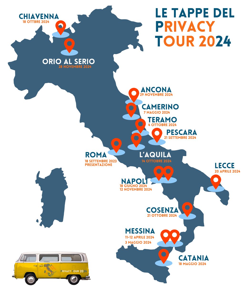 GPDP_IT's tweet photo. Le prossime tappe del #PrivacyTour, l'iniziativa del #GarantePrivacy nata per promuovere la cultura della protezione dei dati e l’uso consapevole delle nuove tecnologie:
🔵Napoli, 12 novembre
🔵Orio al Serio, 28 novembre
🔵Ancona, 29 novembre
Per info https://t.co/ce5g4ICTLx https://t.co/DtCTJaZZOy