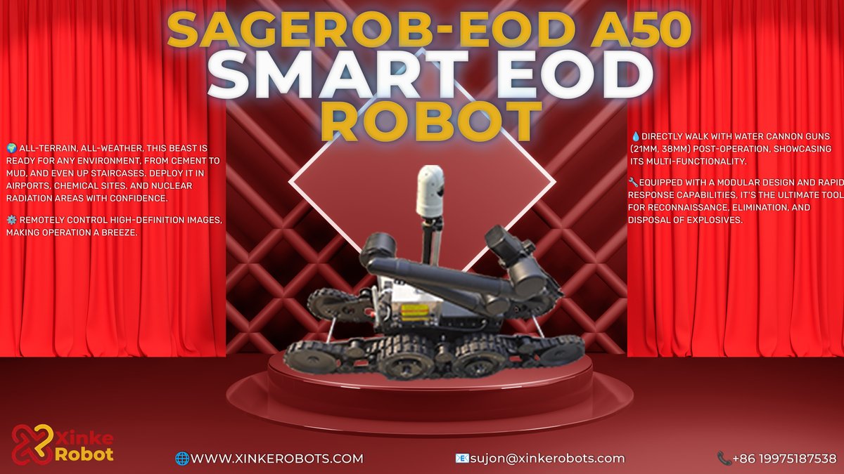 xinkerobots's tweet image. 🚀 Unleash the power of the SAGEROB-EOD A50: the ultimate large-scale EOD robot designed for the most hazardous missions! 💣

#EODRobot #SafetyInnovation #AllTerrainWarrior #ExplosiveExpert #TechForSafety
