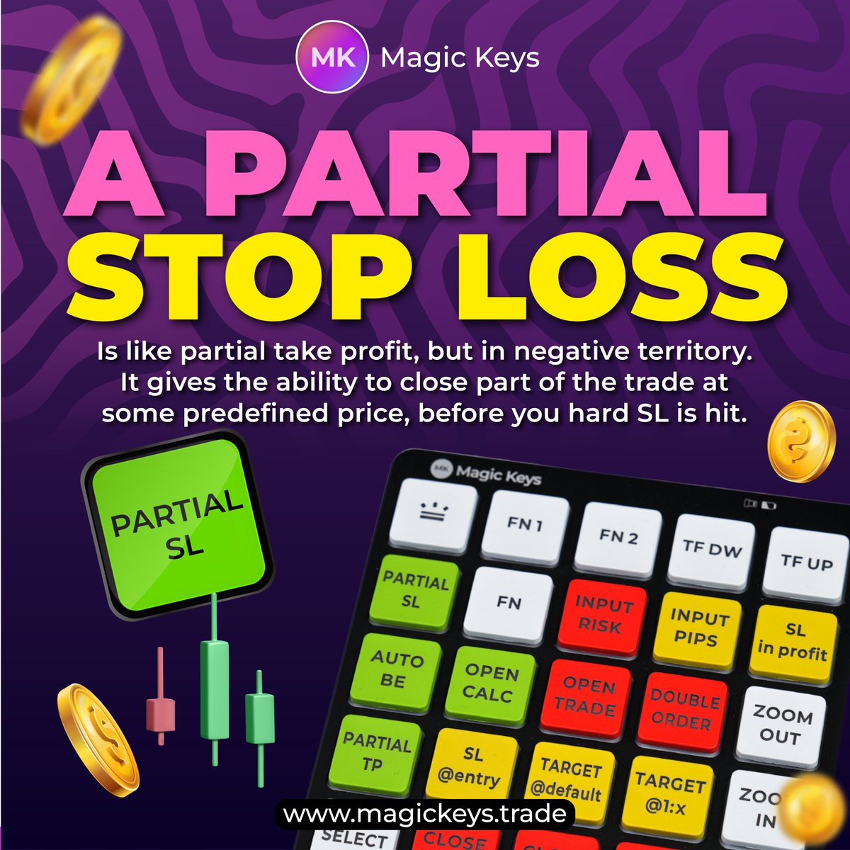 Just like partial take profit but in reverse. 

Partial SL lets you close part of your trade early if it hits a set price, reducing risk before your main SL is reached. 

Control your losses with precision using Magic Keys! 

#MagicKeys 
#RiskManagement 
#TradingTools