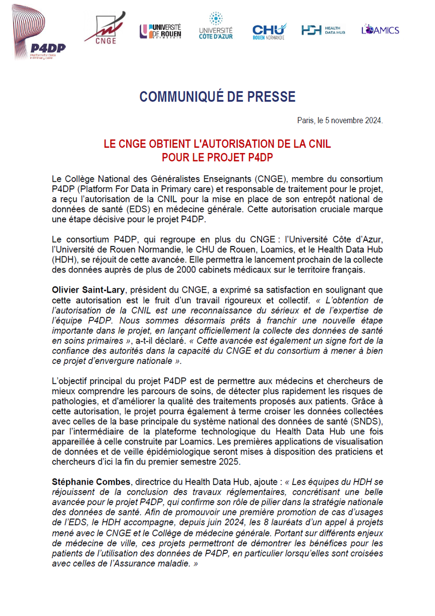 CNGE_France's tweet photo. Communiqué de presse : "Le @CNGE_France obtient l'autorisation de la CNIL pour le projet #P4DP"
@CNGE_France @univrouen @CHURouen @HealthDataHub @loamics @Univ_CotedAzur #Esante #MG
https://t.co/sE1GenBs9o 1/ https://t.co/wP5n6kFuOm