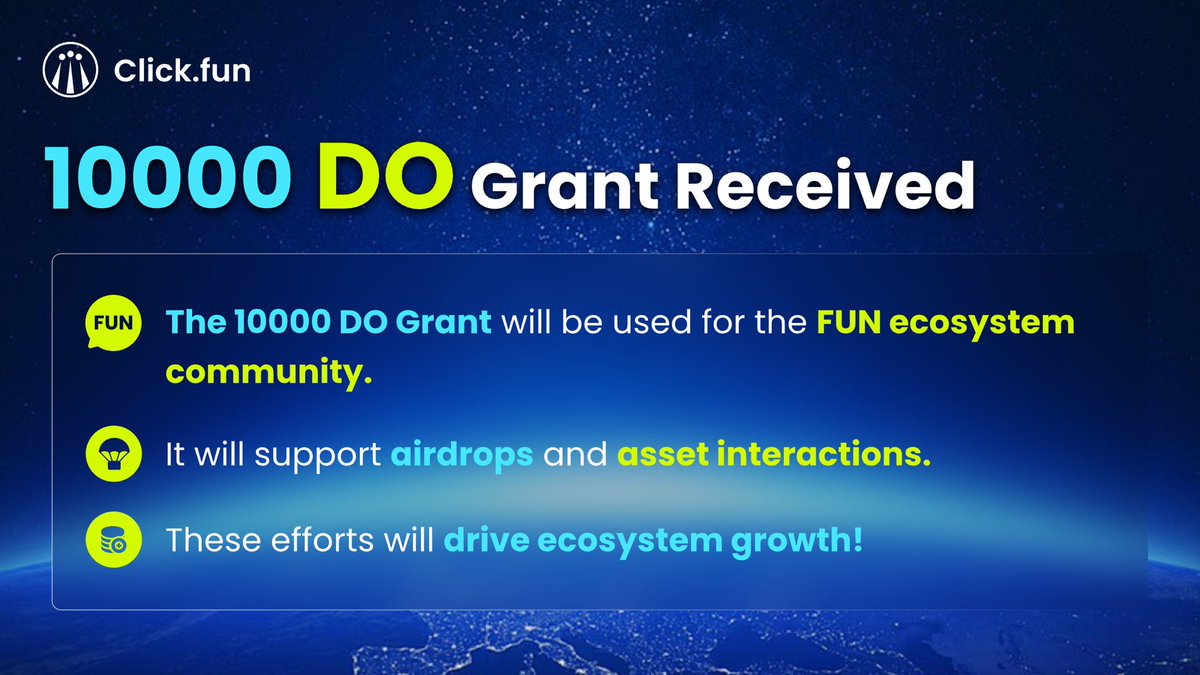 Clickfun_Fun's tweet photo. 🚀 We’re excited to announce that we’ve successfully received a 10,000 DO Grant from the DO Foundation! 

🎉 This funding will be used to support the FUN ecosystem’s community airdrops and asset interactions. 

Big thanks to the DO Foundation  @DOEcoFund for your trust and support — we’re committed to bringing more innovation and opportunities to the community! 💥

Transaction Hash: 0xb940ba0b9e340eb11d67fec6c40dbc94a1758c955da8375e569a4a0227645a8b

#FUNecology #DOFoundation #Blockchain #CryptoCommunity #Airdrop #Grant