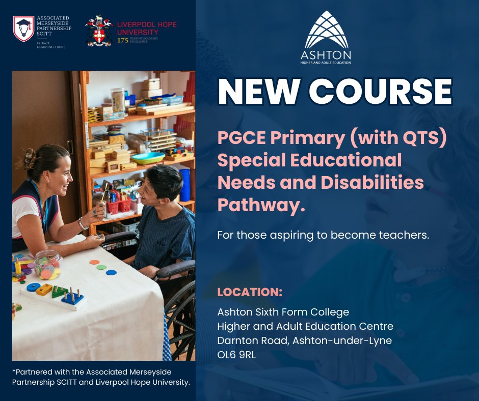 📣 Exciting News!! 

🎓 Ashton Teacher Training Partnership is launching a new Primary PGCE (with QTS) designed specifically for those passionate about working with children with SEND. 

Applications are now open for September 2025! 
…acher-training-courses.service.gov.uk/course/29O/V980

#PGCE #Teacher