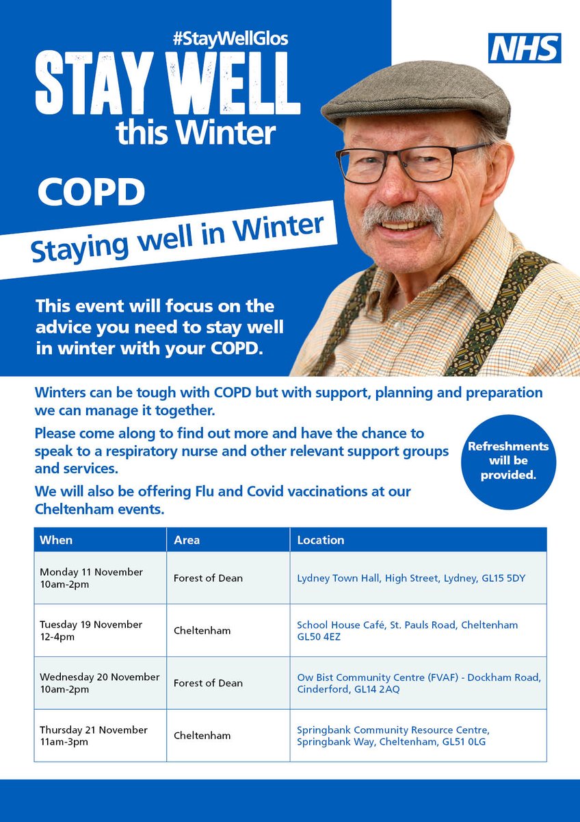 STAY WELL | Winters can be tough with COPD but with support, planning and preparation we can manage it together.

Please come along to find out more and have the chance to speak to a respiratory nurse and other relevant support groups and services. #staywellglos