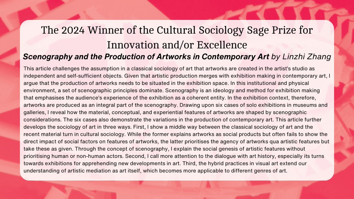 CulSoc's tweet image. 🌟 Congratulations to the Winner 🌟
We are very excited to announce Linzhi Zhang (@DrLinzhi) as this year's winner for the CUS Sage Prize for her paper "Scenography and the Production of Artworks in Contemporary Art".
Read the paper free access below!
doi.org/10.1177/174997…