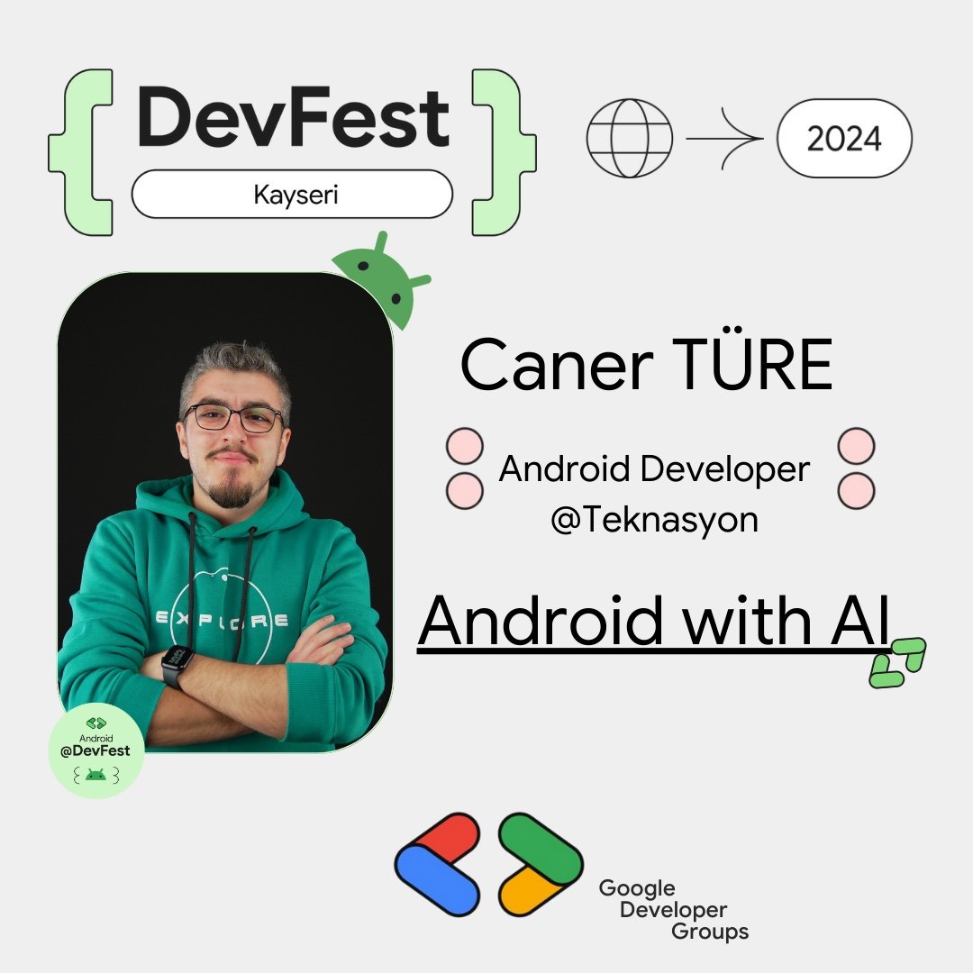 Herkese selamlarr🤩

Heyecanla beklediğimiz DevFest'24 Kayseri'nin ilk konuşmacısı Caner Türe!!!🚀

Teknasyon'da Android Developer olarak çalışan Caner Türe "Android with AI" başlıklı konuşması ile bizlerle olacak.

Etkinlik ücretsiz, bilet zorunludur. linktr.ee/devfestkayseri