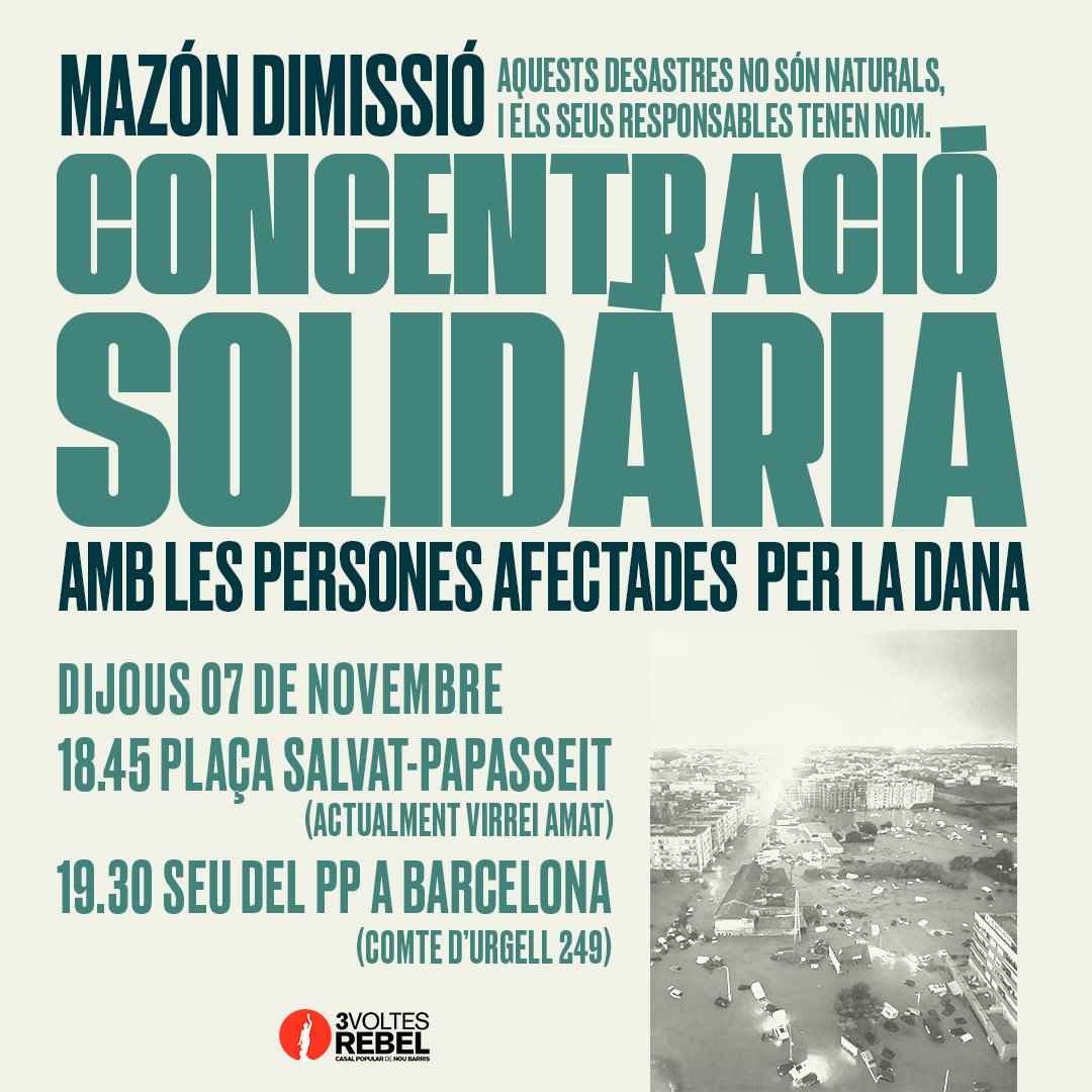 Aquest dijous, a les 18.45 h a la plaça de Salvat-Papasseit (Virrei Amat), #NouBarris se suma a les concentracions en solidaritat amb el País Valencià i les afectades per la DANA.

En finalitzar, anirem en metro fins a la concentració a la Seu del PP a BCN (Comte d'Urgell 249).