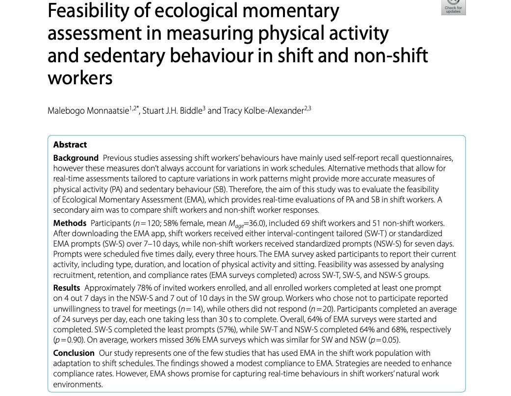 JASSB (@jassb_journal) on Twitter photo NEW PAPER 3 - 24: Monnaatsie et al.
Feasibility of ecological momentary assessment in measuring physical activity and sedentary behaviour in shift and non-shift workers
Read open access @: jassb.biomedcentral.com/articles
<a href="/MalebogoMonn/">Malebogo Monnaatsie, PhD</a> <a href="/Tracy_K_A/">Tracy Kolbe-Alexander</a> <a href="/stuart_biddle/">Stuart Biddle</a> NEW PAPER 3 - 24: Monnaatsie et al.
Feasibility of ecological momentary assessment in measuring physical activity and sedentary behaviour in shift and non-shift workers
Read open access @: jassb.biomedcentral.com/articles
<a href="/MalebogoMonn/">Malebogo Monnaatsie, PhD</a> <a href="/Tracy_K_A/">Tracy Kolbe-Alexander</a> <a href="/stuart_biddle/">Stuart Biddle</a>