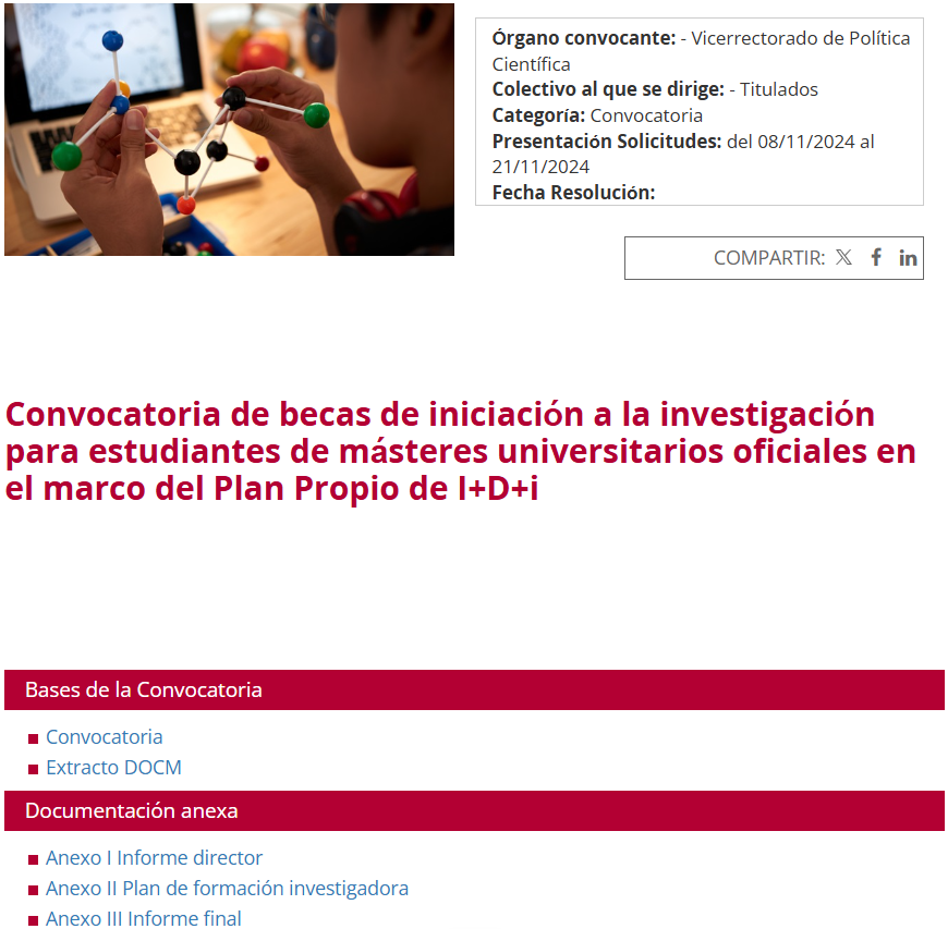 📢Convocatoria 2024 de becas de iniciación a la investigación para estudiantes de másteres universitarios oficiales en el marco del Plan Propio de I+D+i 🎓🔬

Objetivo: Potenciar la investigación y la formación de futuros investigadores en la <a href="/uclm_es/">Universidad de Castilla-La Mancha</a> 

🔗 uclm.es/es/global/prom…