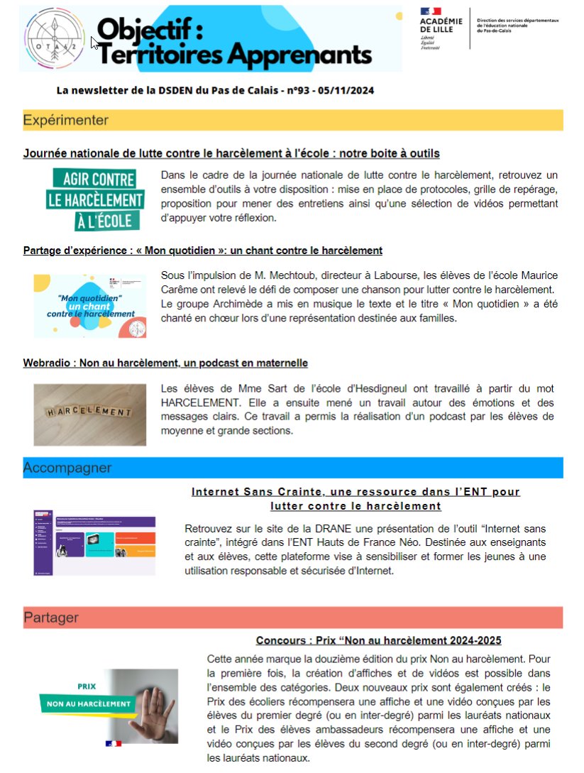 La newsletter OTA #93 spéciale #NAH #pHARe est en ligne ! Au sommaire : 
➡️Boite à outils Agir contre le harcèlement à l'école
➡️Partage d'XP 1er degré
➡️Webradio podcast #NAH maternelle
➡️Ressource <a href="/DRANEHDF/">DRANE_HDF</a> "Internet sans crainte"
➡️Concours #NAH 2024-25
ota62.site.ac-lille.fr/ota-newsletter…