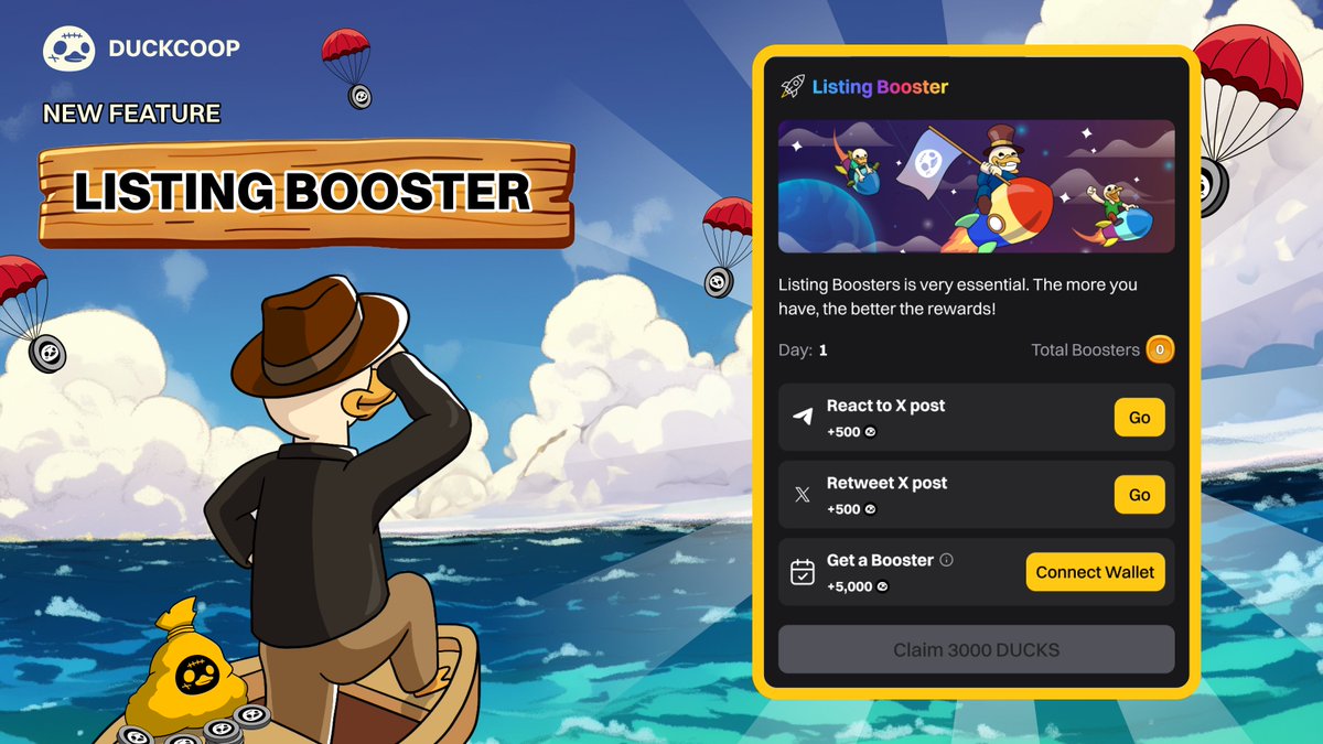 🔥 New Feature: Listing Booster 🦆

Yo duckies! We're back with a cool new feature that not only lets you earn more $DUCKS but is also super important: Listing Booster 🤔

👉 Check out the Listing Booster now: t.me/duckscoop_bot/…

🦆 Here’s what to do with Listing Booster:
•