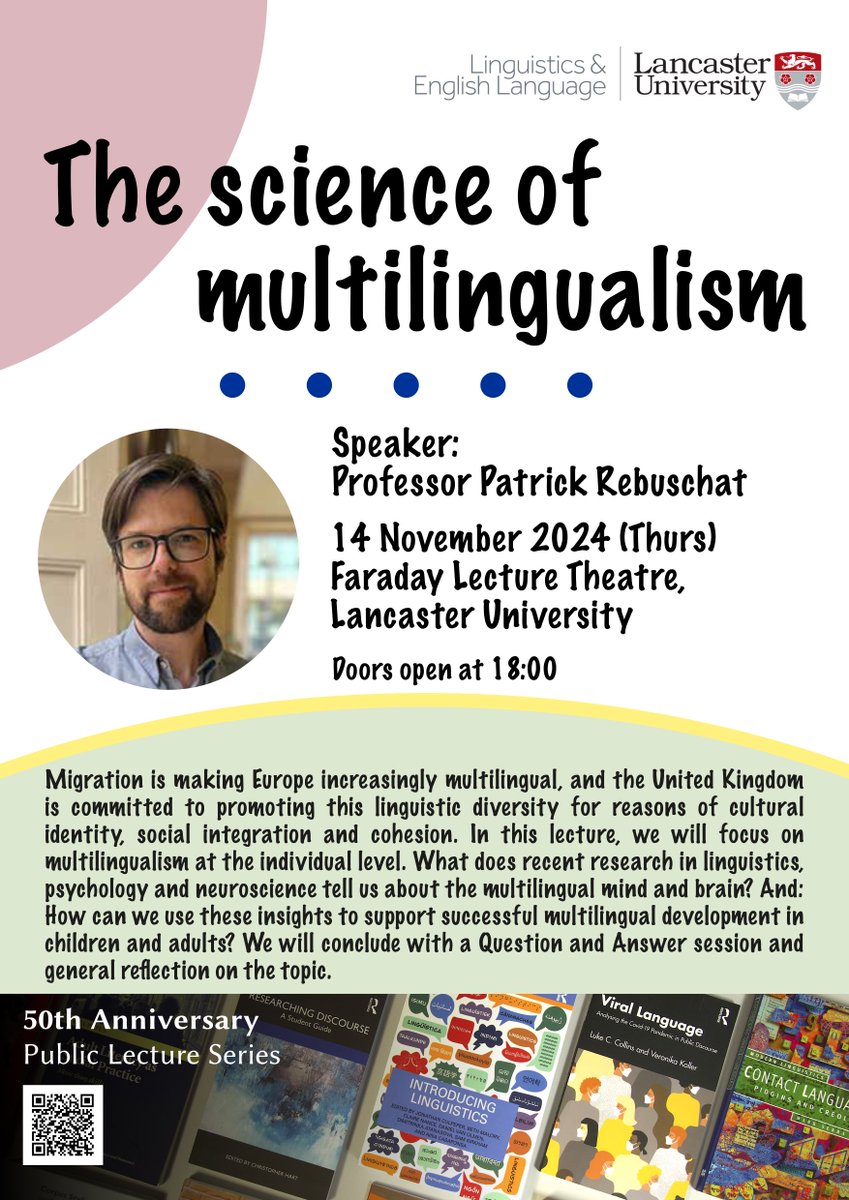 Linguistics and English Language, Lancaster Uni (@lael_lu) on Twitter photo Our 50th Anniversary Public Lecture series continues! Join us on November 14th (next Thursday!) to learn all about the science of multilingualism from Prof <a href="/prebuschat/">Patrick Rebuschat</a>!
To book a free ticket: trybooking.com/uk/events/land…? Our 50th Anniversary Public Lecture series continues! Join us on November 14th (next Thursday!) to learn all about the science of multilingualism from Prof <a href="/prebuschat/">Patrick Rebuschat</a>!
To book a free ticket: trybooking.com/uk/events/land…?