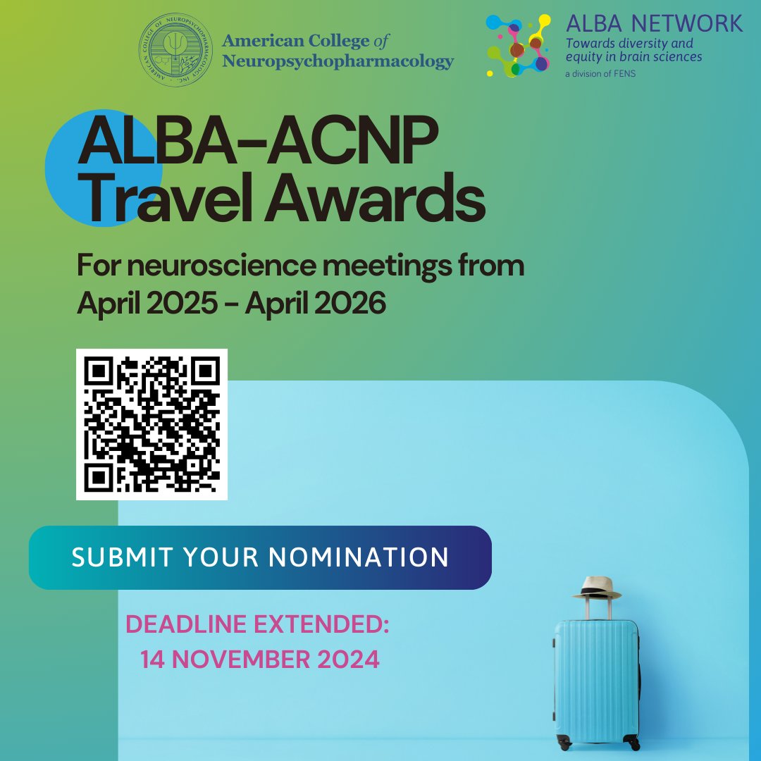 📢  Deadline extended to 14 November for the ALBA-ACNP travel awards! 
These travel grants provide support to early-career neuroscientists (PhD or MD completed within the last 10 years) to attend any neuroscience meeting between April 2025–April 2026!  🧠✈️✨ 
Apply now 👉🏽