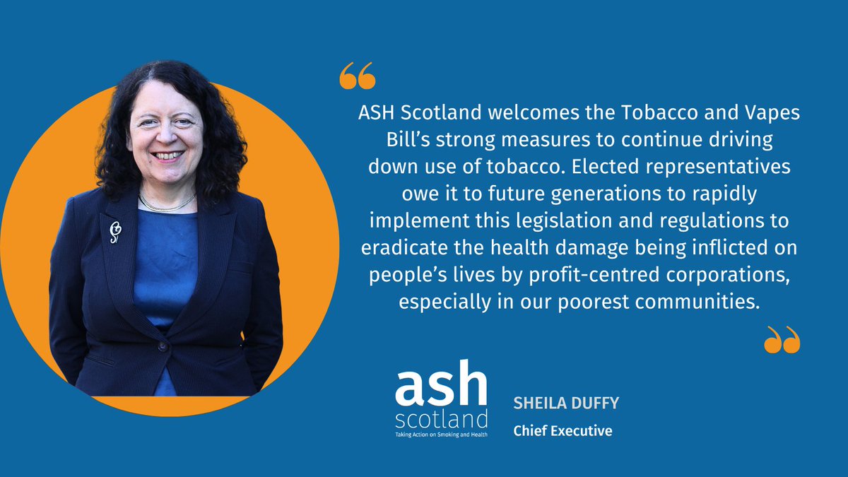 ASHScotland's tweet photo. Today's announcement that the Tobacco and Vapes Bill is being reintroduced marks essential progress towards a tobacco-free generation by 2034.

Our CEO commends the proposed measures in our latest story. Read more here - https://t.co/RF0QTx46ct https://t.co/GStB7uDBhd