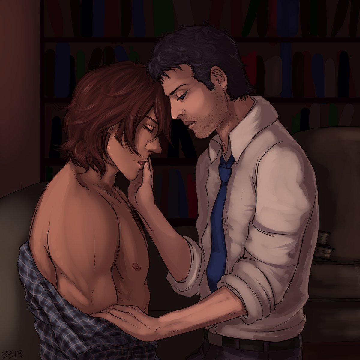 It pains Castiel, that loneliness, unnecessary because Castiel is *here*.

Goes with this ~300-word fic: archiveofourown.org/works/2667209

#sastiel #sassy #sam_winchester #castiel #spn #sfw #fanart #fanfic