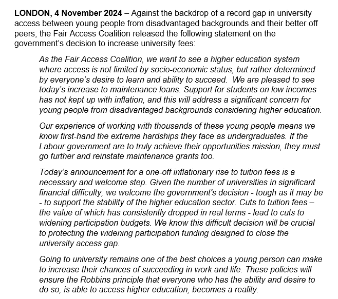 We want to see a #HigherEducation system where access is not determined by socio-economic status, but desire to learn and ability to succeed. 

We welcome the decision to increase maintenance loans for students on low incomes, but the govt must go further.

Full statement here: