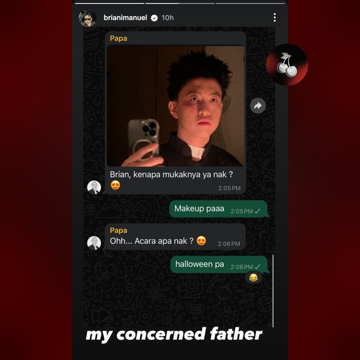 Rich Brian shares a text message exchange with his "concerned father" on Instagram Stories.