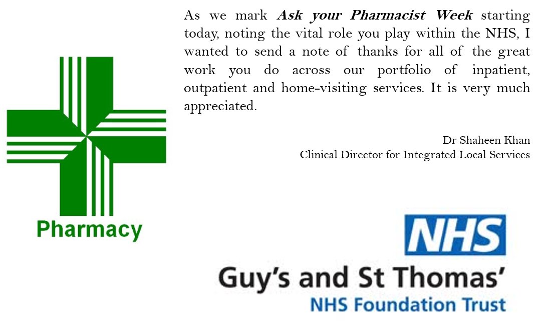 On behalf of the ILS directorate management team, a big thank you to all our Pharmacists!🥂 #AskYourPharmacist #CelebratingCommunityServices #ProudToCare #OurNHSPeople <a href="/NHS/">@NHS</a> <a href="/GSTTnhs/">Guy's and St Thomas'</a> <a href="/gstt/">GST</a>