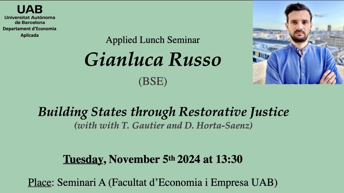 Today we have <a href="/GianlucaRussog/">Gianluca Russo</a> (BSE) presenting at our applied lunch seminar 

🕐 13:30
📍 Seminari A