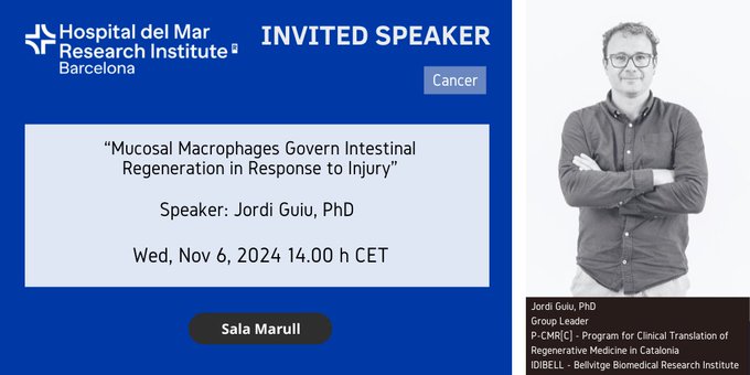 HMar Research Institute (@hmar_research) on Twitter photo New seminar organized by #Cancer Program
🗓️6 November ⏰14:00 h 📌Marull Room
ℹ️ Integrative Analyses of (Micro-)Environment, Microbiota, Immunity, and Tumor
🗣️<a href="/GuiuLab/">Jordi Guiu</a>, PhD Group leader at <a href="/p_cmrc/">Programa de Medicina Regenerativa de Catalunya</a> <a href="/idibell_cat/">IDIBELL</a> <a href="/hbellvitge/">Hospital Universitari Bellvitge | HUB</a>
👉imim.cat/agenda/886 New seminar organized by #Cancer Program
🗓️6 November ⏰14:00 h 📌Marull Room
ℹ️ Integrative Analyses of (Micro-)Environment, Microbiota, Immunity, and Tumor
🗣️<a href="/GuiuLab/">Jordi Guiu</a>, PhD Group leader at <a href="/p_cmrc/">Programa de Medicina Regenerativa de Catalunya</a> <a href="/idibell_cat/">IDIBELL</a> <a href="/hbellvitge/">Hospital Universitari Bellvitge | HUB</a>
👉imim.cat/agenda/886