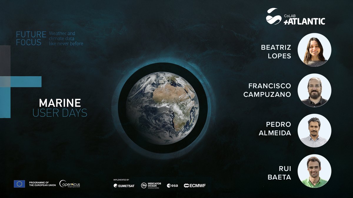 🇵🇹 <a href="/eumetsat/">EUMETSAT</a> brings #MarineUserDays to Lisbon
🌊We will present <a href="/CopernicusEU/">Copernicus EU</a>-based expertise in #MarineScience:
📌Beatriz Almeida &amp; Rui Baeta: #MarineHeatWaves
📌Francisco Campuzano: #NumericalModelling
📌Pedro Almeida: #RemoteSensing
👉eumetsat.int/marine-user-da…