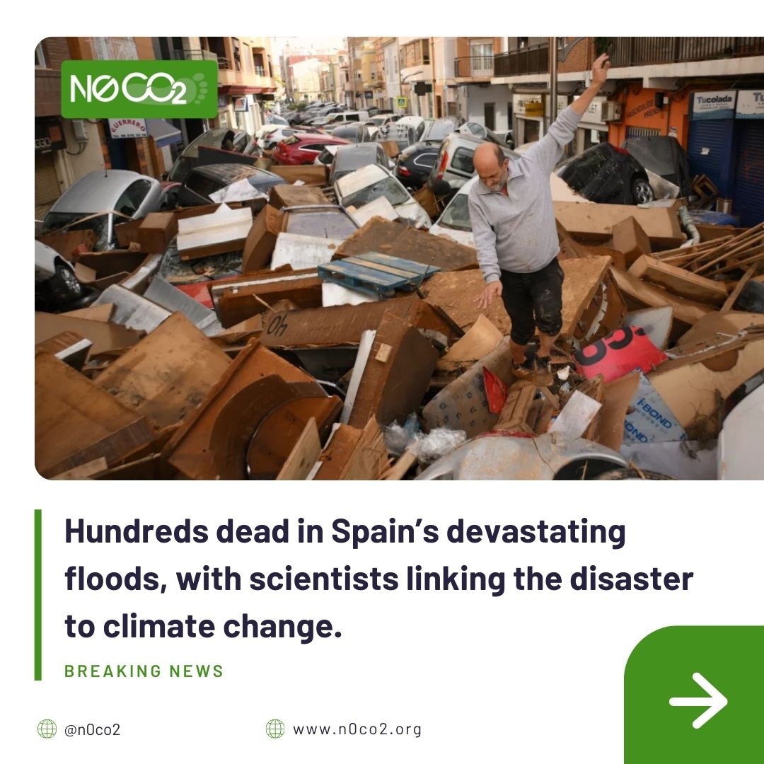 N0CO2's tweet photo. Tragedy in Spain: Over 200 dead, dozens missing after catastrophic floods swept through eastern towns. 

Climate experts link this deadly event to human-caused global warming, with intense rainfall made 12% heavier and twice as likely due to climate change. 

As temperatures r... https://t.co/qs13GmUzQE