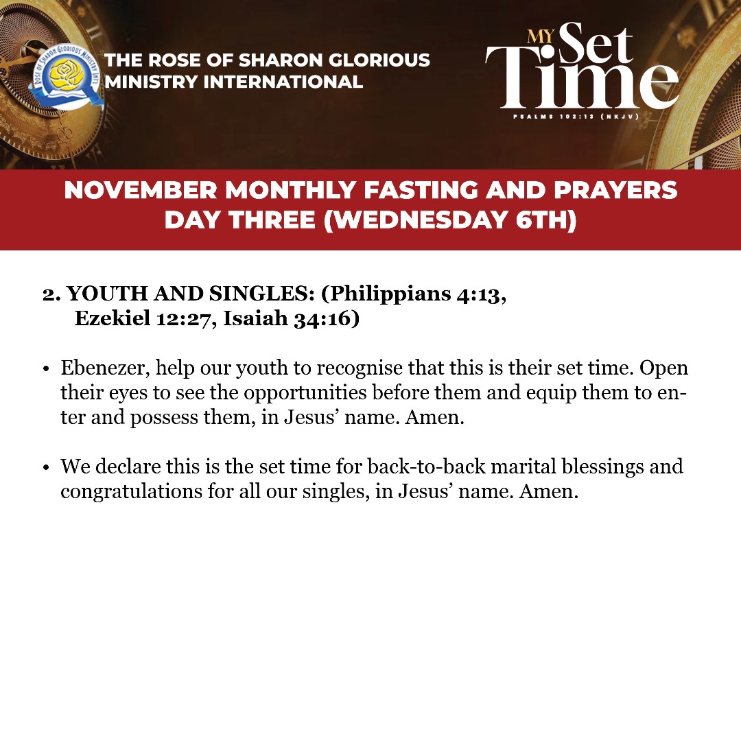 ROSGMI's tweet image. 3 -Day Fasting and Prayer. Prayer guide for Day 3 – Wednesday, 6th November 2024.
 
Swipe left ➡

#MySetTime
#PrayerGuide #PrayerMeeting #ROSGMI
#FastingAndPrayer #November2024