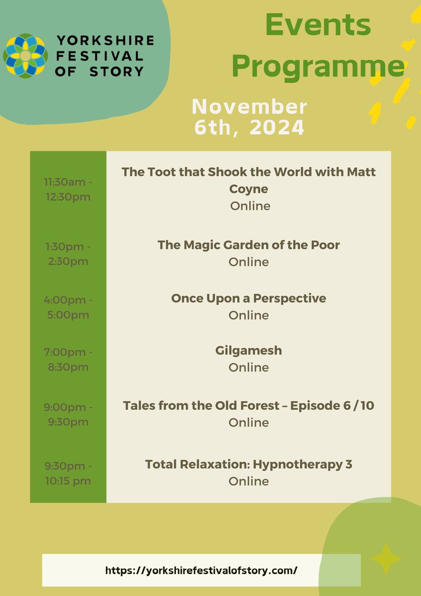 Tomorrow we chat with ManVsBaby’s <a href="/mattcoyney/">Man vs Baby</a>  on parenting, publishing, and his latest books—and maybe even a live reading! 📖 We also look at how  fairy tales inspire kindness, a live retelling of the Epic of Gilgamesh, and more!✨ #YFOS24 👇
wwww.yorkshirefestivalofstory.com/programme