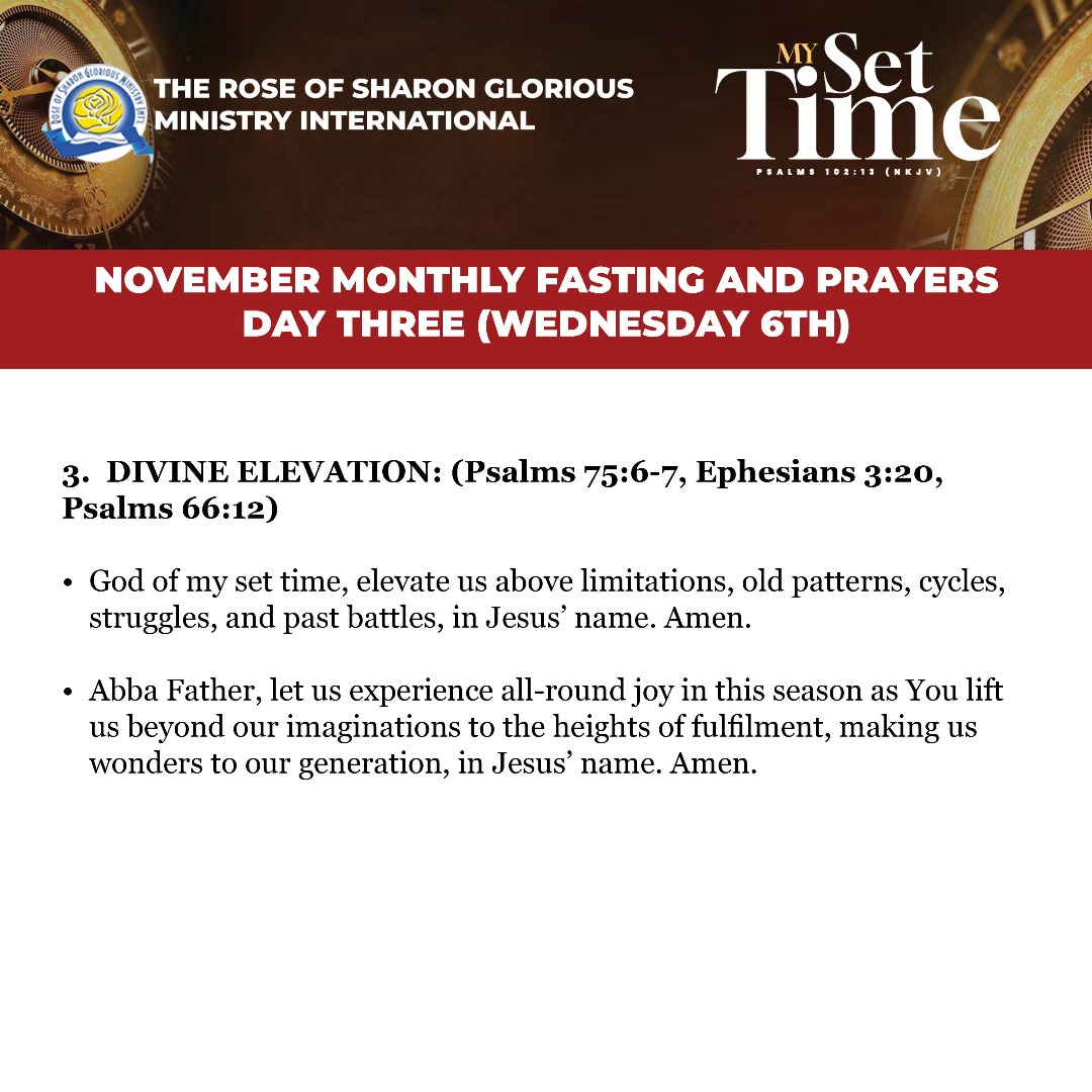 ROSGMI's tweet image. 3 -Day Fasting and Prayer. Prayer guide for Day 3 – Wednesday, 6th November 2024.
 
Swipe left ➡

#MySetTime
#PrayerGuide #PrayerMeeting #ROSGMI
#FastingAndPrayer #November2024