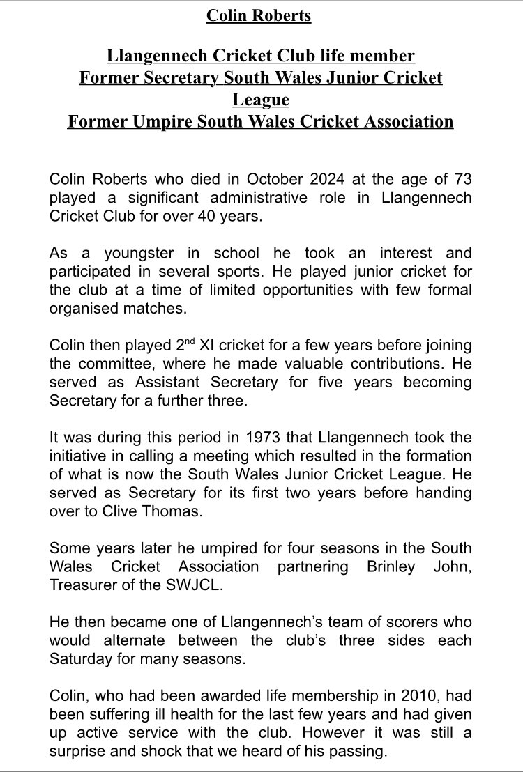 South Wales Junior Cricket League π (@swjcl) on Twitter photo COLIN ROBERTS
We are saddened to hear of the recent passing of our first league secretary Colin Roberts after a period of illness and wish to extend our sincere condolences to his family, friends and all at <a href="/llangennechcc/">Llangennech CC</a>. Our thanks to Eric Lewis for the following obituary. COLIN ROBERTS
We are saddened to hear of the recent passing of our first league secretary Colin Roberts after a period of illness and wish to extend our sincere condolences to his family, friends and all at <a href="/llangennechcc/">Llangennech CC</a>. Our thanks to Eric Lewis for the following obituary.