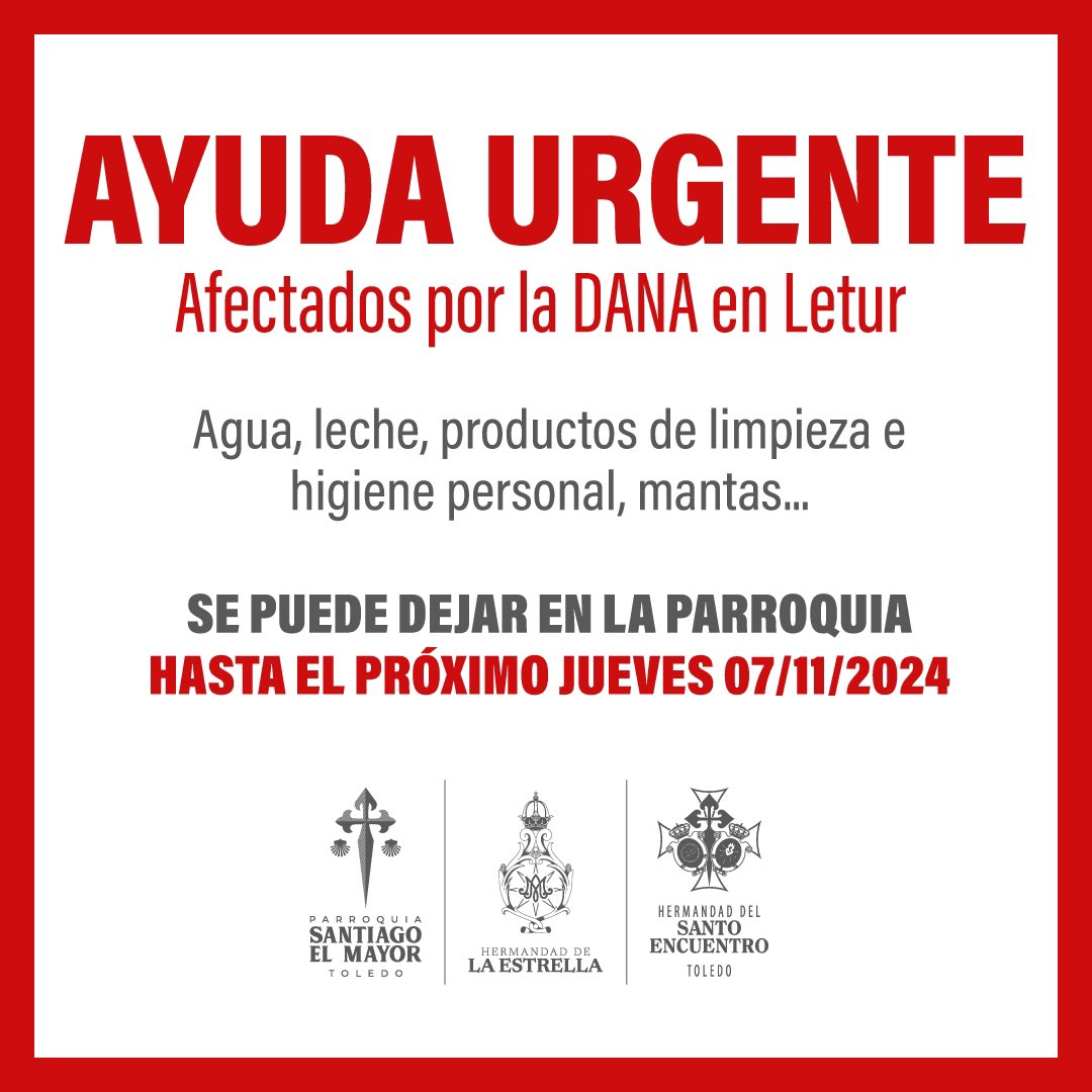 🔴🔴 AYUDA URGENTE 🔴🔴

Afectados por la DANA en Letur

➡️ Se necesita: Agua, leche, productos de limpieza e higiene personal, mantas...

ℹ️ SE PUEDE DEJAR EN LA PARROQUIA HASTA EL PRÓXIMO JUEVES 07/11/2024