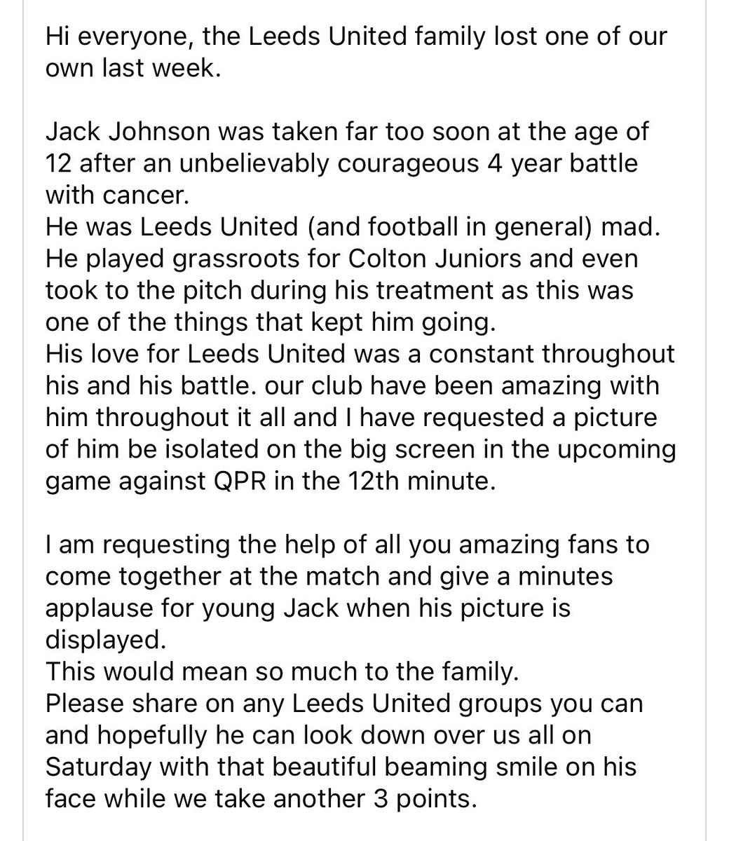 ossett_white's tweet image. Can we please share #LUFC fans. Jack played at our grassroots club Colton. A minutes applause vs QPR on the 12th Minute. RIP Jack #MOT