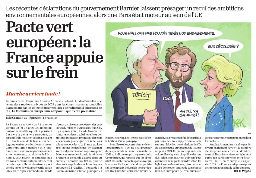 A Bruxelles, le gouvernement Barnier s'illustre par ses attaques anti-écolos.

Alors qu'à Valence, l'armée n'a pas fini de secourir les sinistrés, la France s'agite pour défaire les mesures du #PacteVert.

Ce n'est plus de l'inaction climatique, c'est du sabotage...