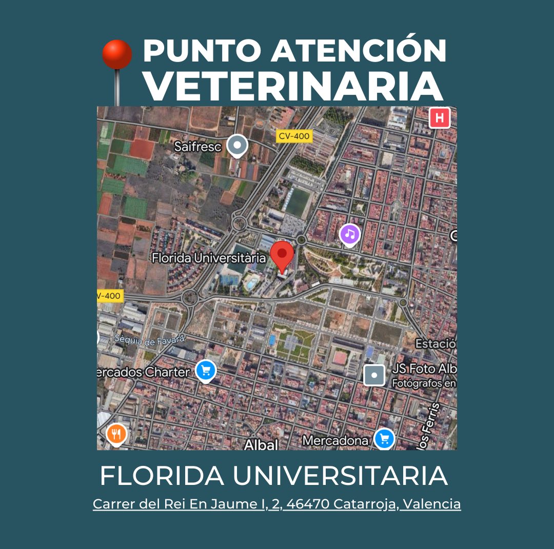 ℹ️ En Catarroja los compañeros veterinarios voluntarios han podido establecer un punto físico de campaña para atención básica de animales. Se encuentra en la Florida Universitaria