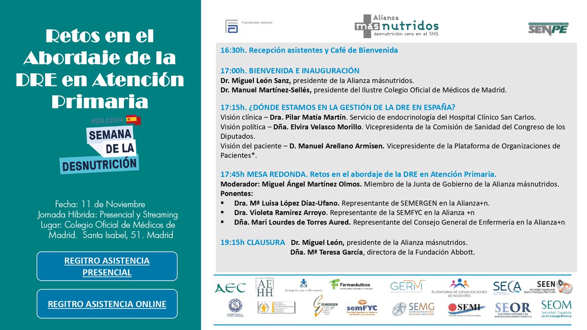 SENPE_'s tweet photo. ‼️ ¡Nueva jornada! Retos en el Abordaje de la Desnutrición Relacionada con la Enfermedad en Atención Primaria  

📆 11 de noviembre
📍 Colegio Oficial de Médicos de Madrid
📺 También lo podrás seguir por streaming

👀 Toda la info en https://t.co/nAuVBeabls https://t.co/KIcnIpSF4U