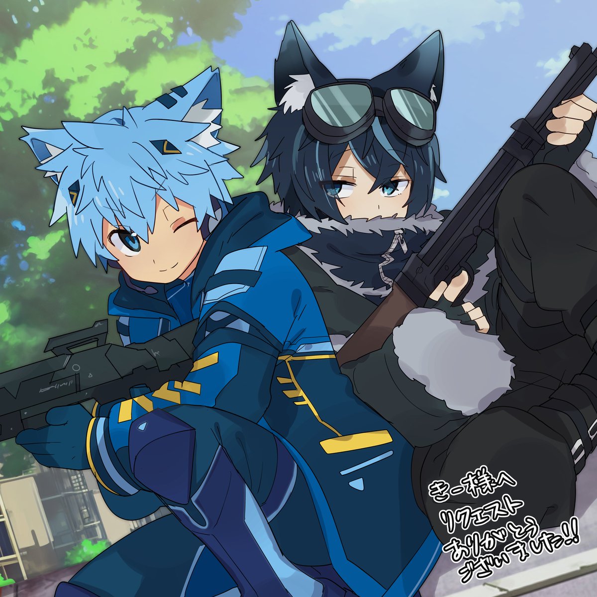 inuashi_kiiidog's tweet photo. 狼真くん「あ、敵いるじゃん。殺そ🩸」
わんこ「やれやれ、血気盛んな狼なんだから!サポートは任せるワン😉」
もるかさん(#morukahi)に吹雪狼真くん❄️🐺(#HubukiRouma )との戦場での写真を撮って貰ったわん!
黒と青で背中合わせ…
わんこ大好き某アニメSA○の相棒感を彷彿させる最高な1枚だわん🩵🖤 https://t.co/lldGSuogzb