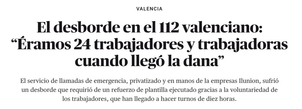 En concreto, durante las horas en las que se produjo la DANA y la riada en Paiporta, Aldaia, Alfafar, Massanassa, etc., eran 24 PERSONAS en el <a href="/GVA112/">Emergències 112CV</a> 

Precariedad laboral, escasez de efectivos, y descordinación 🤬

🔗elsaltodiario.com/valencia/desbo…