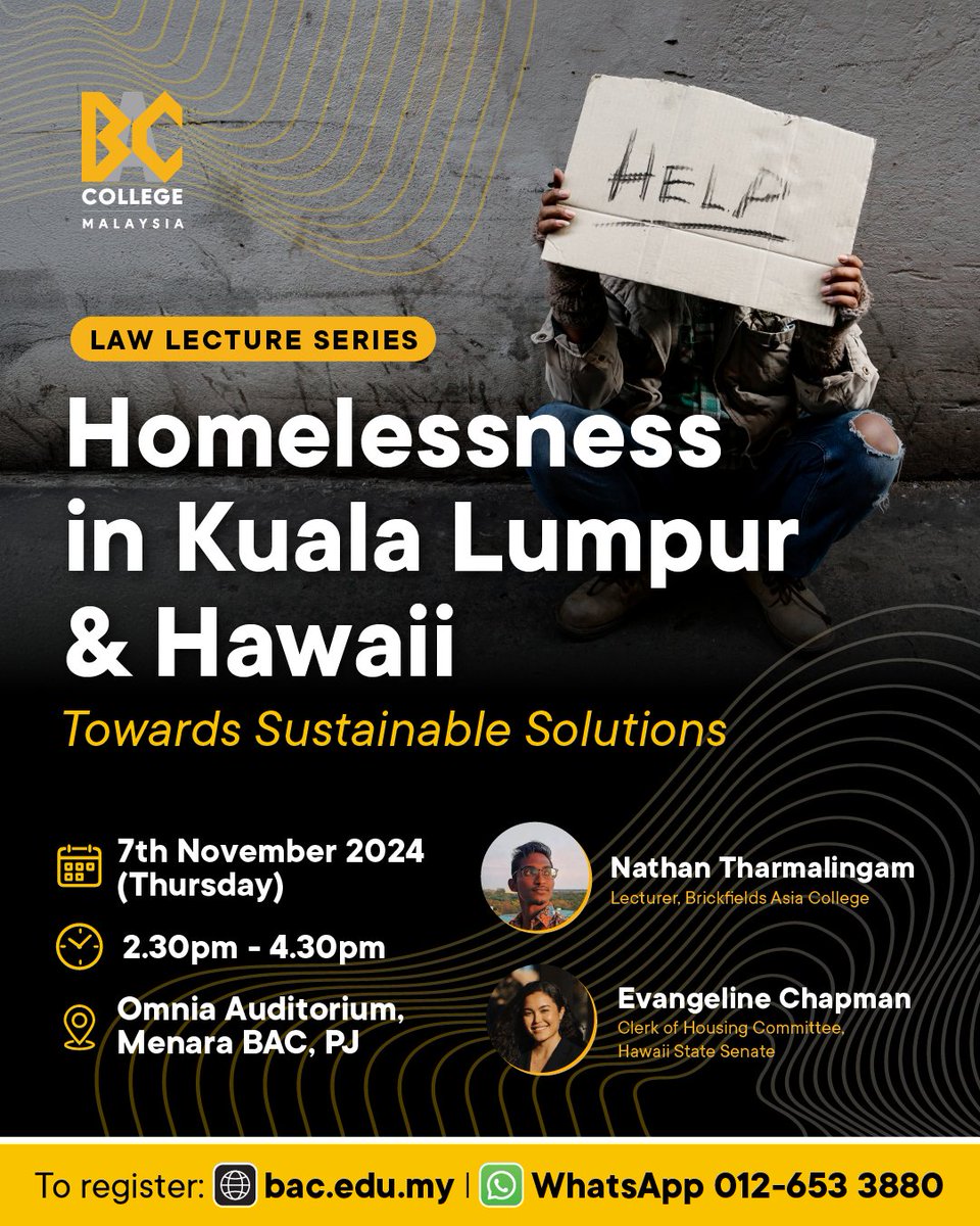 Join us for a meaningful discussion on a bold initiative to rehouse KL’s homeless by repurposing abandoned buildings into shelters and workspaces.

🗓️ 7th November 2024 (Thursday)
🕑 2:30pm - 4:30pm
📍 Omnia Auditorium, Menara BAC, PJ

bac.education/HomlessnessInK…