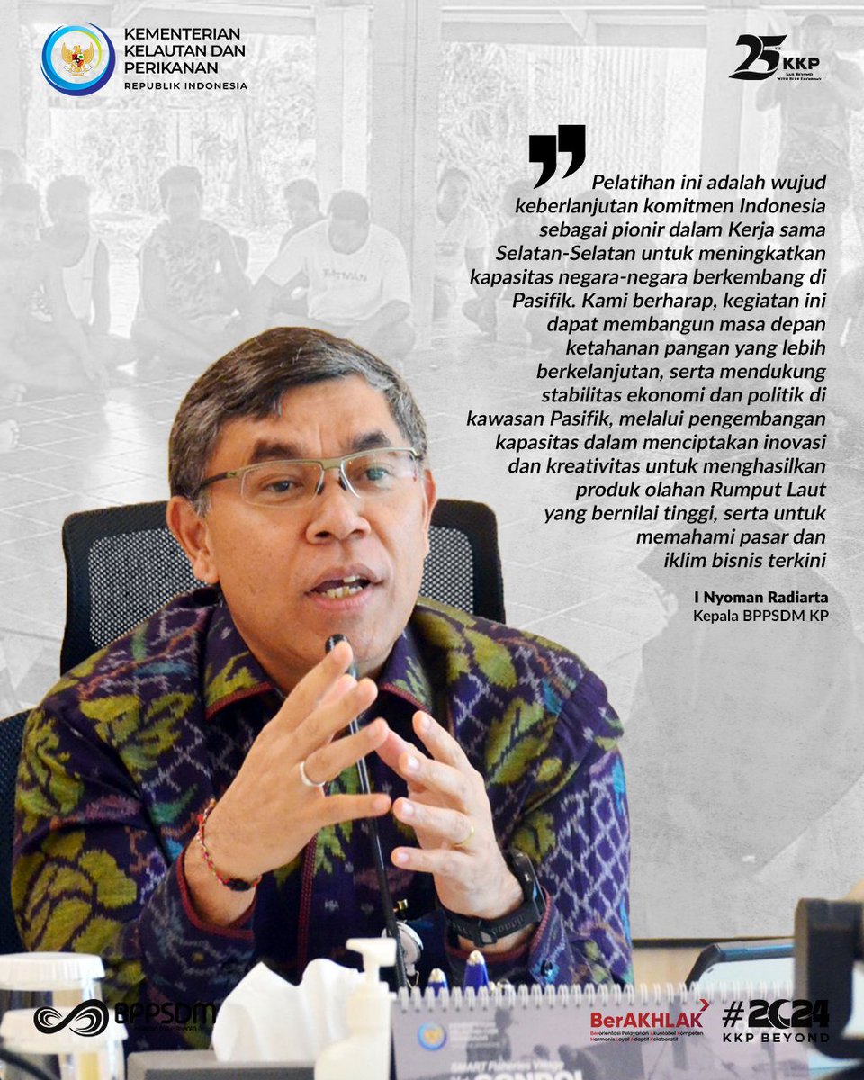 bppsdm_kp's tweet photo. Kepala BPPSDM KP, @inradiarta, mengatakan, "Kegiatan ini mencerminkan komitmen Indonesia dalam membangun ketahanan pangan yang berkelanjutan dan mendukung stabilitas ekonomi di kawasan Pasifik." #2024KKPBeyond #SDMKP #SDMUnggul #EkonomiBiru @kkpgoid https://t.co/TrJ2SoBU31