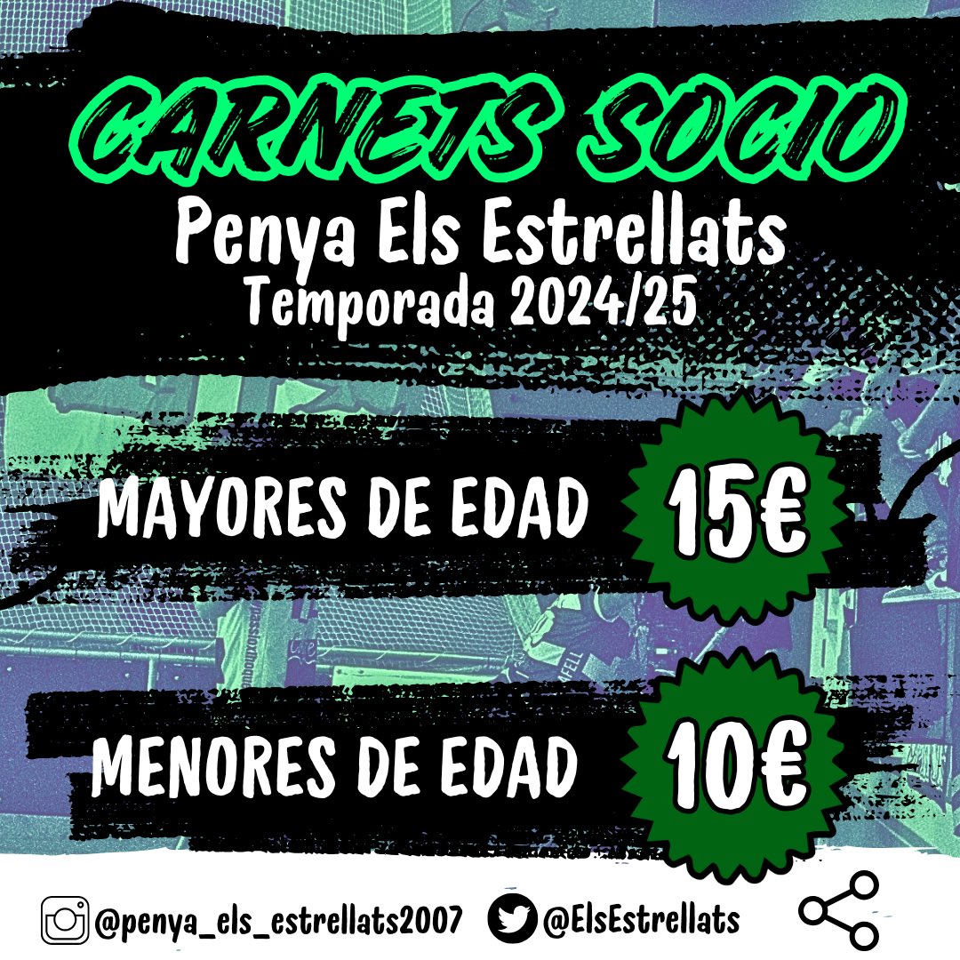 𝐅𝐄𝐒-𝐓𝐄 𝐒𝐎𝐂𝐈 𝐏𝐄𝐑 𝐒𝐄𝐑 𝐔𝐍 𝐄𝐒𝐓𝐑𝐄𝐋𝐋𝐀𝐓 𝐌𝐄𝐒

Si quieres vivir esta temporada como un Estrellat hazte socio de la Penya este próximo Miércoles en el Partido contra el Voltrega !!!✊🏻🟢

Mayores de Edad : 15€ 

Menores de Edad : 10€